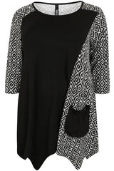 Black & White  Diamond Print Color Block Top,Plus size clothing,womens plus size clothing,big size ladies dress,plus size