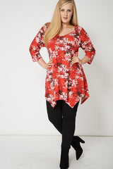 Button Up Red Flower Print Handkerchief Style Top,Plus size clothing,womens plus size clothing,big size ladies dress,plus size