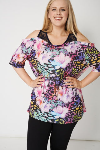 Multi Colour Floral Print Top With Lace & Cut Off Shoulder Detail,Plus size clothing,womens plus size clothing,big size ladies dress,plus size