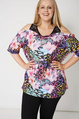 Multi Colour Floral Print Top With Lace & Cut Off Shoulder Detail,Plus size clothing,womens plus size clothing,big size ladies dress,plus size