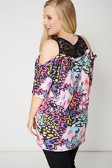 Multi Colour Floral Print Top With Lace & Cut Off Shoulder Detail